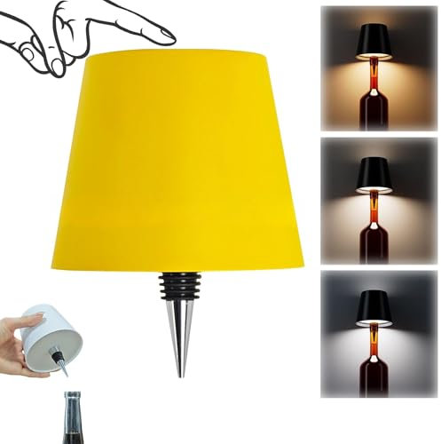 AIMARS Wireless Bottle Lamp, 3 Color Stepless Dimming Wine Bottle Lamp, LED Rechargeable Touch Control Wireless Bottle Lampshade for Bedroom, Restaurant, Bar (Yellow, 1-Pack)