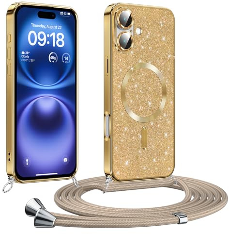 Phoona handyband Hülle für iPhone 16 mit Band, Glitzer Handyhülle Kompatibel mit MagSafe, Ganzkörperschutz Kratzfeste Stossfest Schutzhülle mit Einstellbar Kette, Gold