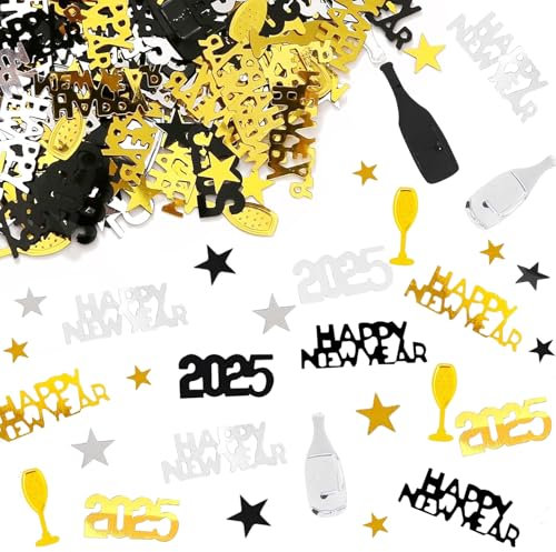 LYNSAN Silvester Deko 2025 Tischdeko, Konfetti Streudeko Schwarz Gold, Glitzer Tischdekoration Happy New Year Deko Konfetti, Silvester Tischdeko, Neujahrsdeko für Neujahr, Silvester, Weihnachten Party