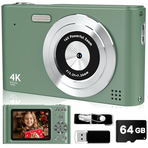 FHD 1080P Digitalkamera mit 32GB Karte, 44MP Kompaktkamera für Kinder mit 16X Zoom und Bildstabilisierung, ideales Geschenk für Jungen, Mädchen und Jugendliche (Grün)