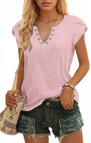WNEEDU Ladies Tops Petal Short Sleeves T-Shirts V Neck Top for Women UK Casual Blouse Eyelet Embroidery Pink M