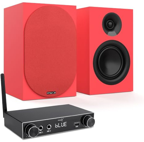 PNWCZ Passive Bookshelf Speaker with Removable Magnetic Grille and Hi-Fi Amplifier | Positive Red Finish | Studio-Grade Sound for Vinyl, TV and Wireless Streaming