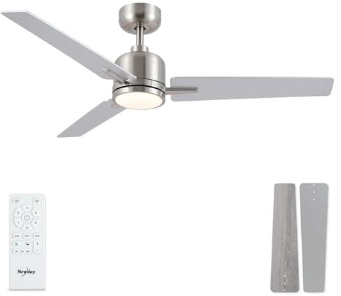 Newday Silver and Grey Ceiling fan with Lights and Remote, 48” Silent Ceiling Fan with Dimmable LED 24W, Reversible DC Motor, 6 Speeds, 3 Timer for Bedroom Living Room Basement Kitchen Terrace