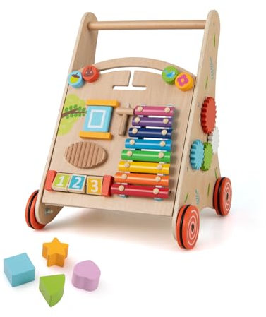 DREAMADE Lauflernwagen Holz, Lauflernhilfe ab 1 Jahr, Baby Gehhilfe mit Stauraum & Spielzeug, Gehfrei Baby Holzspielzeug für Jungen & Mädchen (Modell 7-Natur)