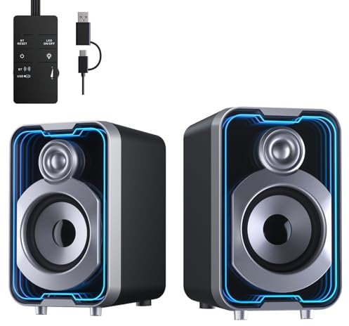 SOULION C40 PC Speakers, Stereo Sound, 10 Watts Peak Power Bluetooth Wired Computer Speakers with Easy Control Pod for Desktop, Laptop, Monitor, Tiny Speakers with 5 LED Light Mode, USB Powered