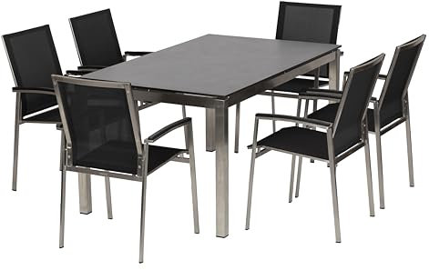 acamp Stapelsessel aus rostfreiem Edelstahl mit Polywood-Armlehnen in schwarz | wetterfestes Acatex-Gewebe | max. Belastung 110 kg + Tisch 150x90 cm in Cemento Anthracite, modern & widerstandsfähig.