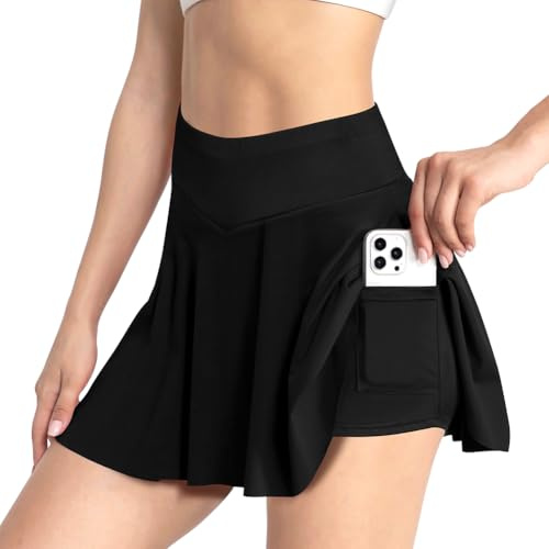 AUYAO High Waist Athletic Golf Skorts, Women's Pleated Tennis Skirt with Shorts Pockets, Pleated Sports Skirt with Shorts, Running Skort with Pockets, High Waist Athletic Mini School Skirt(L)