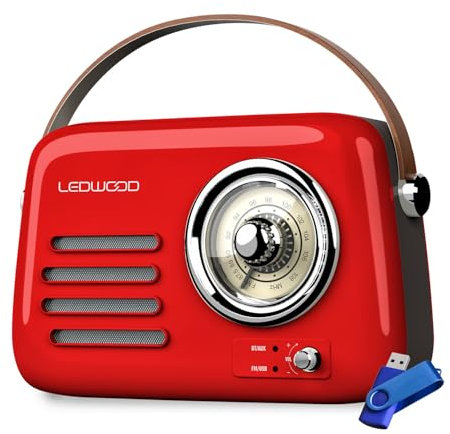 Radio Rétro Portable Ledwood Alma, FM, Bluetooth 5.3 Entrée USB, Puissance 30W - Batterie 1500mAh - Retro Vintage Rouge+Clé 32G