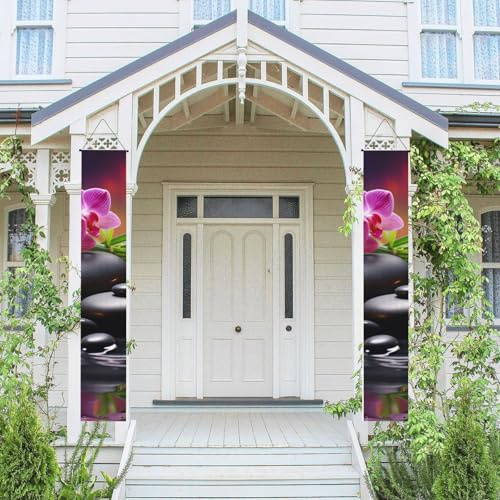 Lot de 2 bannières de porte - Fleurs dans une fontaine - Pierres de massage - Bannières de bienvenue à suspendre - Drapeau de printemps et d'été - Panneau de porte d'entrée - Panneau de porte d'entrée