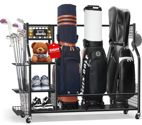 Golf Bag Storage Garage Organizer, Golf Bag Storage Stand and Other Golfing Equipment Accessories Rack, 3 Golf Bag Storage Rack with Wheels, Golf Organizer for Home, Garage, Club, Shed, Basement