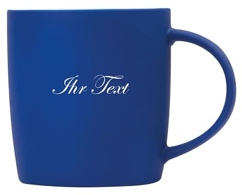 Tasse aus Porzellan/Außen gummiert/ 300ml – schwarz/Personalisiert/Geschenkverpackung/mit Tier-Motiven/oder nur Text Lasergravur (Blau, Nur Schrift (Henkel rechts))