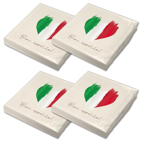 itenga 80x Servietten Italien Flagge Herz 30x30 cm 3-lagig – Buon Appetito – Papier-Servietten - Tischdeko