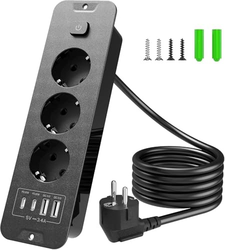 Inhwatek Steckdosenleiste mit USB (PD 20W), 3-Fach Einbausteckdose, 7-in-1 Versenkbare Steckdose Tischsteckdose, Mehrfachsteckdose mit 2M Kabel Für Küche Büro Arbeitsplatte, 16A/3680W