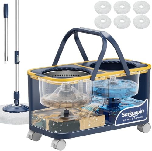 Sarkunpio Mocio e Secchio Lavapavimenti, Set Mop e Secchio con 4 Camere e 4 Ruote, Separazione Acqua Pulita e Sporca, 360° Mocio Rotante con Strizzatore Sistema di Pulizia Pavimenti con 6 Teste di Mop