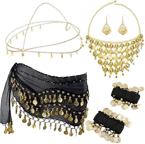 Auzlya 7 Set Bauchtanz Accessoires Damen,Araber-Kostüm Damen | Damen Bauchtanz Gürtel,Bauchtanzs Münztuch,mit Ohrringe,Halskette,Stirnband und Armbänder,für Feier Carnival Mottoparty