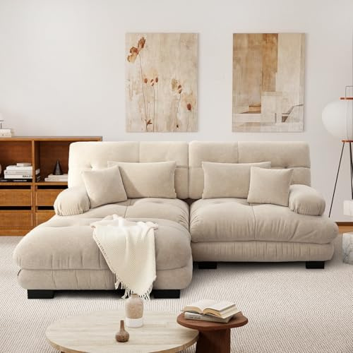 SoarFlash Canapé L modulable 2 Places Salon Moderne, canapé Nuage en Tissu Chenille avec accoudoirs, Taupe Clair, 145×220cm