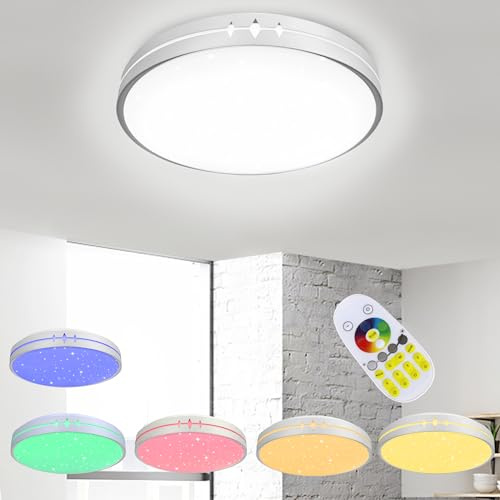 YZNAHRE LED Deckenlampe flach 60W, dimmbare Deckenleuchte mit Fernbedienung, RGB Farbwechsel, 2800–6500K, IP44, rund, Sternenhimmel-Effekt
