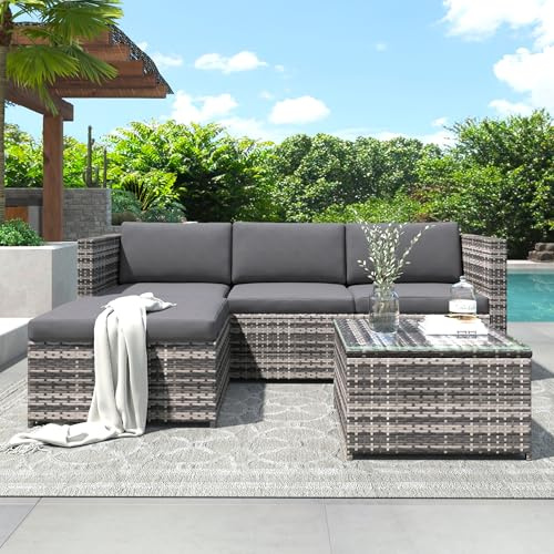 Sapgaks Salon de Jardin Exterieur en Rotin, Table de Jardin Exterieur avec Chaise, Canapé de Salon d'angle 3 Places Salons de Jardin avec Coussins et Table en Verre, pour Terrasse Balcon, Gris