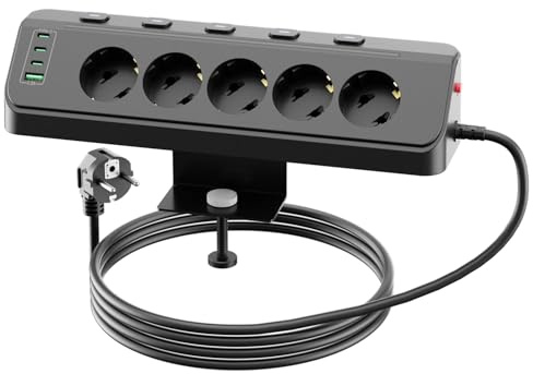 Regleta de 5 enchufes con USB, Regleta Escritorio Enchufe Multiple | Regleta de Esquina con Pinza y Protección contra Sobrecargas, Interruptores Individual, 2M Cable, Para Hogar, Cocina, Oficina
