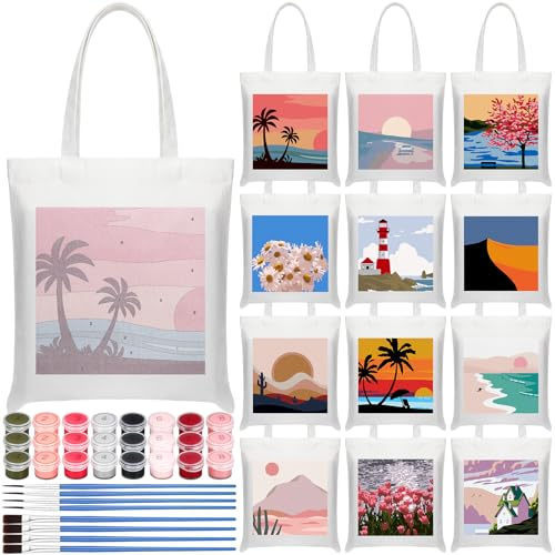 Paterr 12 Pcs 12x10.6'' DIY Blanks Tote Bags Kit Reusable Canvas Bag with Paint and Brush for Painting Party Gifts, White, 12.2 x 10.63 inches