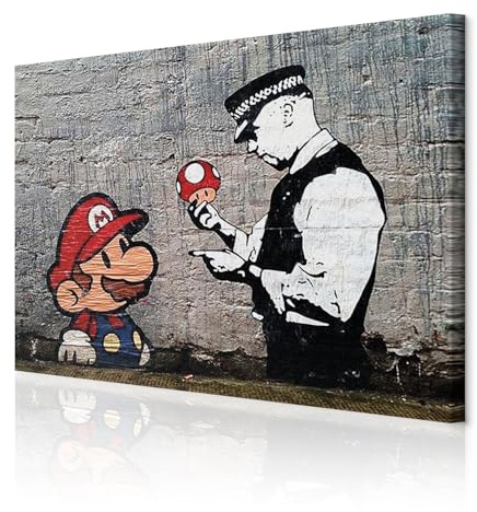 decomonkey Wandbilder Mario and Cop Banksy 90x60 cm 1 Teilig Leinwandbilder | Strukturleinwand, Holzkeilrahmen, Bild auf Leinwand, Kunstdruck, Wanddeko, Wohnzimmer, Wanddekoration, Street Art, Ziegel