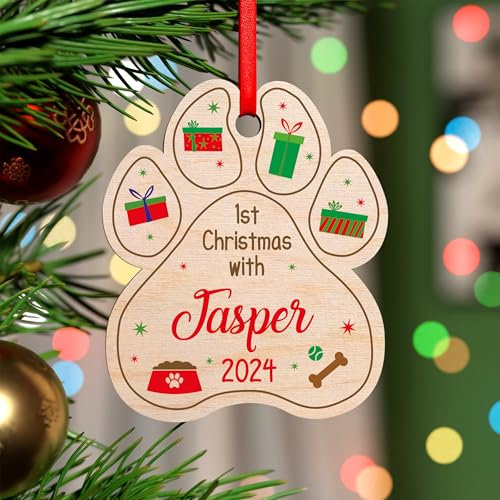 Personalised Dog Pawprint Christmas Tree Decoration - 1st Christmas with Dog Paw Print Decoration - Printed Wood Christmas Tree Ornament for Dog Puppy Pug Labrador Terrier Retriever Bulldog