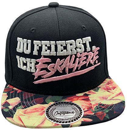 Outfitfabrik Snapback Cap Du feierst. Ich eskaliere. in schwarz mit Flowermuster-Schirm und 3D-Stick (Festival, Alkohol, Statement, Feiern)