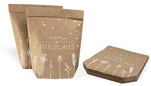Eine der Guten Nikolaustüten, Geschenktüten Set - vom Nikolaus, 12 bedruckte Kraftpapiertüten als Geschenkverpackung für Nikolausgeschenke, Mitgebsel & Giveaways, 14 x 22 cm