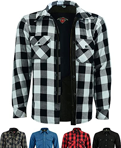 Texpeed Chemises de moto pour hommes avec protections - Veste de motard été chemise à carreaux en flanelle fabriquée avec Aramid - Protection (EN 1621-1) - Blanc - XXL