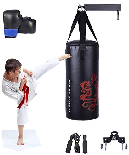 RELAX4LIFE 10 kg Boxsack Set, Boxen Set mit 8 OZ Boxhandschuhe & Springseil & Tragetasche, aufhängender Punchingsack für Kinder, Jugendliche und Erwachsene, Boxing Bag schwarz, inkl. Deckenhalterung
