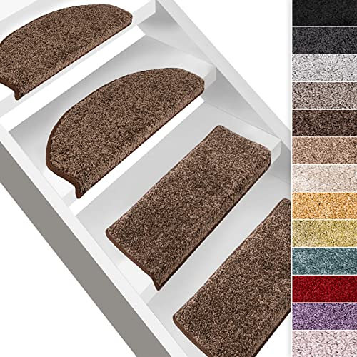 Floordirekt Hochflor-Stufenmatten Bali | Halbrund oder Eckig | Treppenmatten in 11 Farben | Strapazierfähig & pflegeleicht | Stufenteppich für Innen (Nougat, Eckig 65 x 23,5 cm)