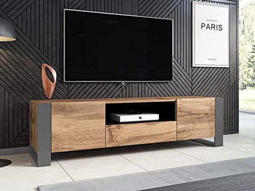 WODD Meuble TV Bas en chêne Anthracite et Pieds Gris 180 cm. Style Industriel