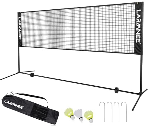 LARMNEE Badminton Netz, 4 m Volleyballnetz, Federballnetz, 3-Fach-Höhenverstellbar 107/120/155cm, Tragbares Set für Tennis, Badminton oder Volleyball, für Garten, Indoor, Outdoor EHS04BN02