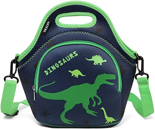 VASCHY Bolsa de almuerzo térmica de neopreno para niños, bolsa de almuerzo ligera y plegable para niños y niñas para escuela, guardería, picnic con correa extraíble, dinosaurio verde