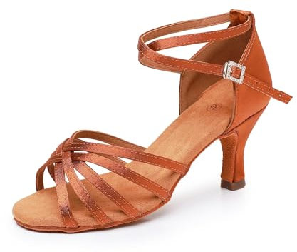 Zapatos de Danza Latina para Mujer Profesional Zapatos de Baile de salón de Fiesta de Salsa de Baile práctica de Rendimiento Zapatos A01 Marrón 7 CM 38 EU