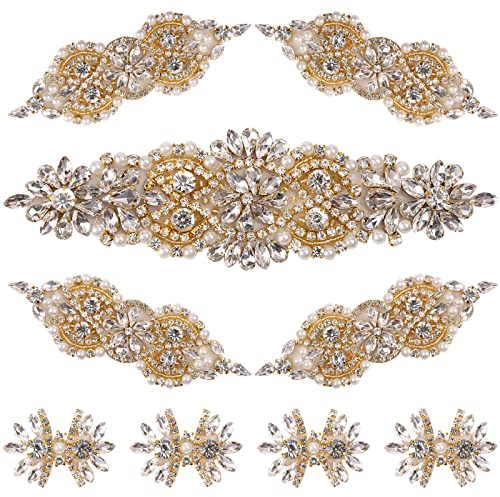 9 Stück Strass Kristall Hochzeit Applikation Bügelbild DIY Nähen Applikationen für Brautkleid Kleidung Schuhe Dekoration Handmade Hochzeit Accessoires (Gold)
