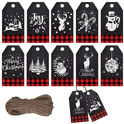 Whaline 120 Stück Weihnachts-Papier-Geschenkanhänger mit 90 m Hanfseil, weiß bedruckt, Weihnachtsanhänger, schwarz, rot, kariert, Urlaubswünsche, Etiketten für Winter, Dekoration, 10 Designs