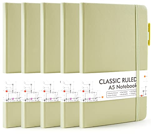 feela 5 Pack A5 Notebooks Multipack, Ruled Lined Notepads A5 (120 GSM), Hardback Journal Notebook with 5 Black Gel Pens for Work, Study, School, 128 Pages/Pack, 21 x 13 cm, Avocado Green
