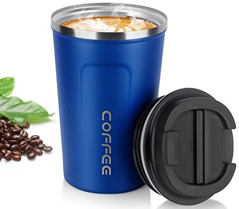 MOMSIV Coffee Cup, 380ml Vacuum Reusable Leakproof Double Wall Coffee Cup, Insulation Stainless Steel Eco-Friendly Travel Office Mug for Hot Coffee Tea and Cold Drinks (Diamond Blue)