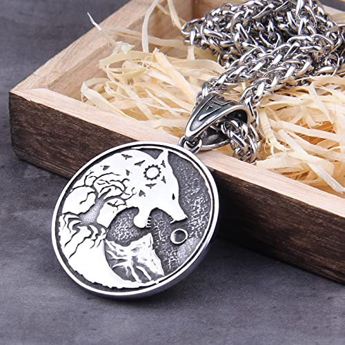 Bysonglezai Collier Hommes Pendentif Femmes Colliers Cadeau Tête de Loup Homme et Collier Pendentif Arbre de Vie Vikings boîte en Bois comme Cadeau de Noël Mix
