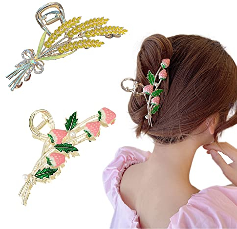 2 Stück Haarspangen Kraeoke Weizen Haarklammer Erdbeere Hair Clips Metall Hinterkopfclip Große Haarspange für Mädchen geeignet (Kombination 6)
