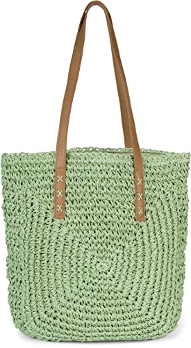 styleBREAKER Papierstroh Schultertasche mit langen Henkeln | Damen Basttasche Korbtasche geflochten mit Reißverschluss | Boho Shopper Sommertasche 40 x 40 x 5 cm, Farbe:Lindgrün