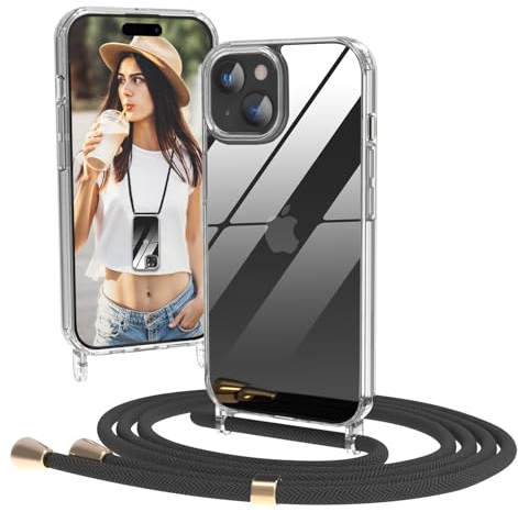 Nupcknn Transparent Handykette für iPhone 15 Hülle mit Band,Dünn Handyhülle (Abnehmbar Einstellbar) Necklace mit Kordel zum Umhängen Kameraschutz Handy Kette Stossfest Schutzhülle(1.6M,Schwarz)