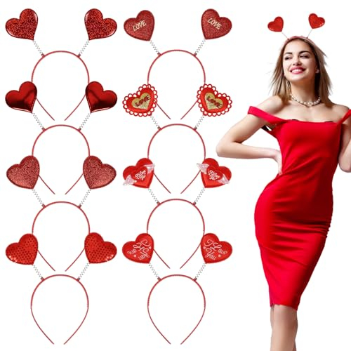 MONCAP 8STK Pailletten Herz Haarreifen Valentinstag Herz Stirnband Rotes Herz Haarband Amor Kopfschmuck Stirnband Valentinstag Party Haarreif für Kinder Erwachsene Valentinstag Party Maibaum Geschenk