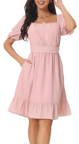 Seta T Robes d'été pour Femmes, col carré, Manches Courtes Bouffantes, Dos smocké, Volants, Ligne a, Midi Robe décontractée Rose M