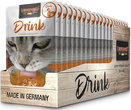 Leonardo Drink mit Ente [20 x 40 g Mehrfachpackung Drink mit Ente] Katzengetränk | Entenbrühe mit Streifen | Ergänzungsfutter für Katzen