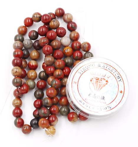 Fukugems Perlen mit Stretch-Kordel für Schmuckherstellung lose Steinperlen für DIY Energiestein Heilkraft Armband 10mm=76 Stücke und 1 Roll Cord Red Picasso Jasper 10mm