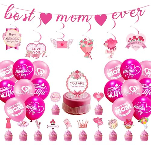 Mother's Day Party Decorations Supplies Happy Mothers Day Garland Banner, Hanging Swirls, Balloons, Cake Topper, Cupcake Toppers for Mother's Day Party