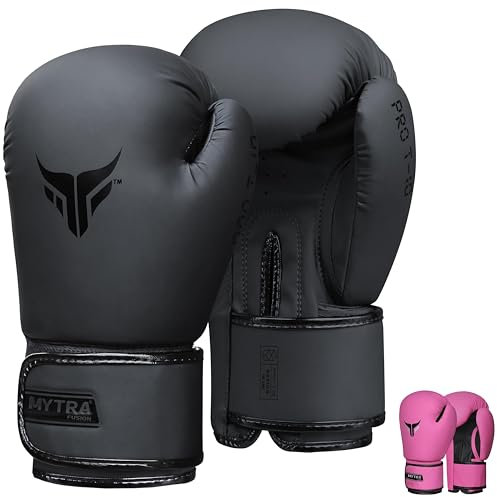Mytra Fusion Gants de Boxe Femmes Gant de Boxe Gants de Boxe MMA Training Punching Kickboxing (Black, 14-oz)