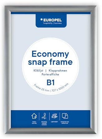 Europel Economy Klapprahmen, B1, Farbe Silber, 25x11mm Profil, eloxiertes Aluminium, Antireflexfolie, Plakate und Werbung, Hotel, Büro, Restaurant, Speisekarten, Für Posterformat 70,7x100 cm